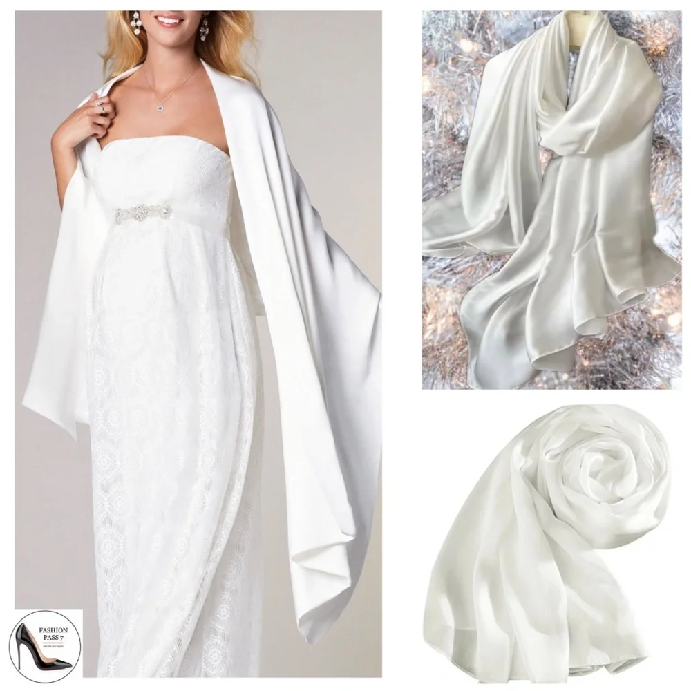 100% SILK SATIN White Large Shawl Scarf Wrap Luxury Bridal Cover up Wedding gift